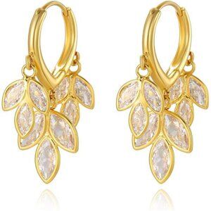 Crystal Hoop Earrings for Women, Zirconia Rhinestone Leaf Dangling Earrings